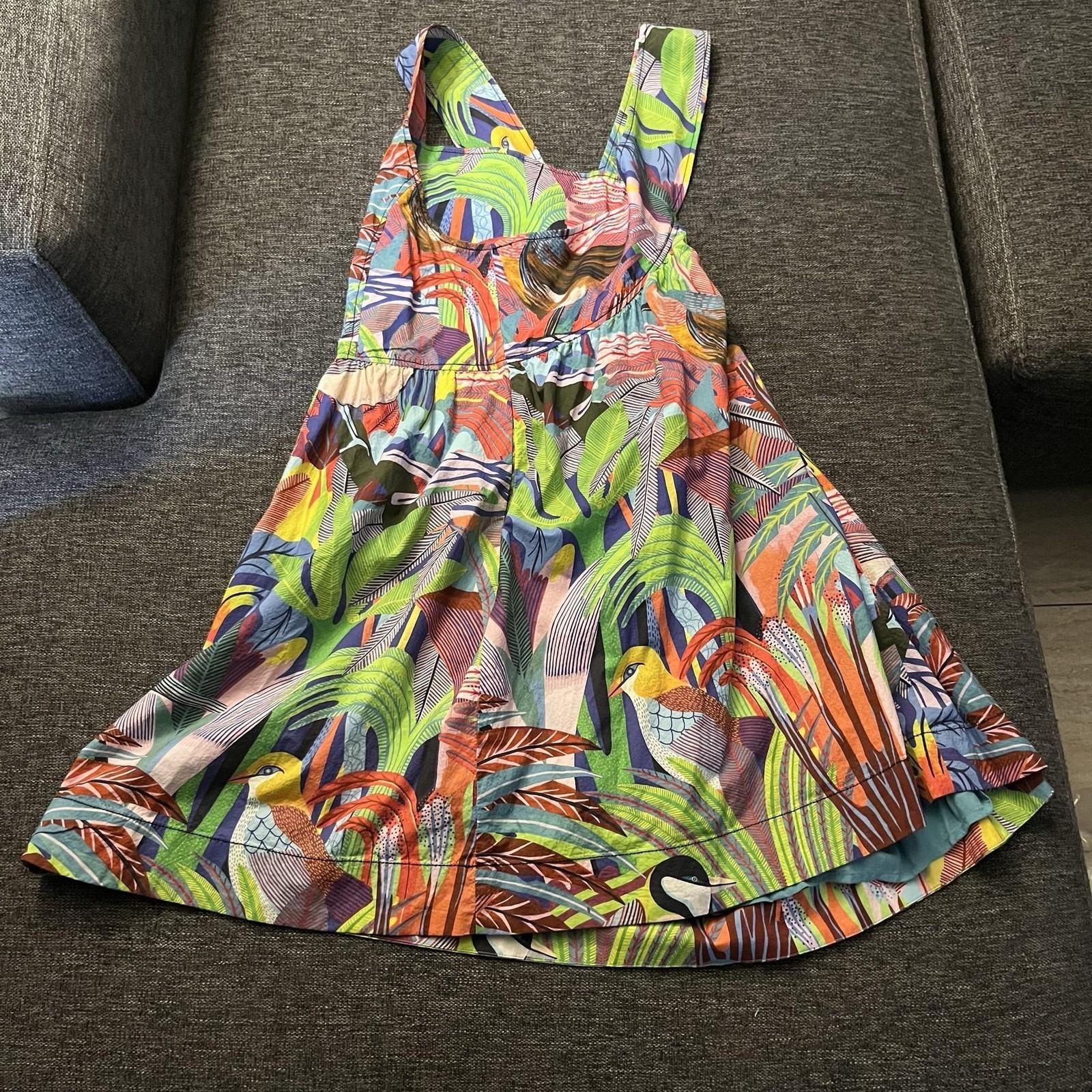 Anthropologie X Orane Sigal Dress Womens Xlp Tropical Bird Sundress Fit Flare
